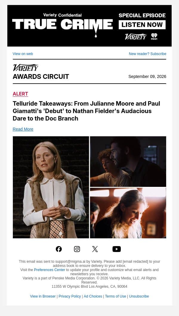 Telluride Takeaways: From Julianne Moore and Paul Giamatti's 'Debut' to Nathan Fielder's Audacious Dare to the Doc Branch email from Variety screenshot