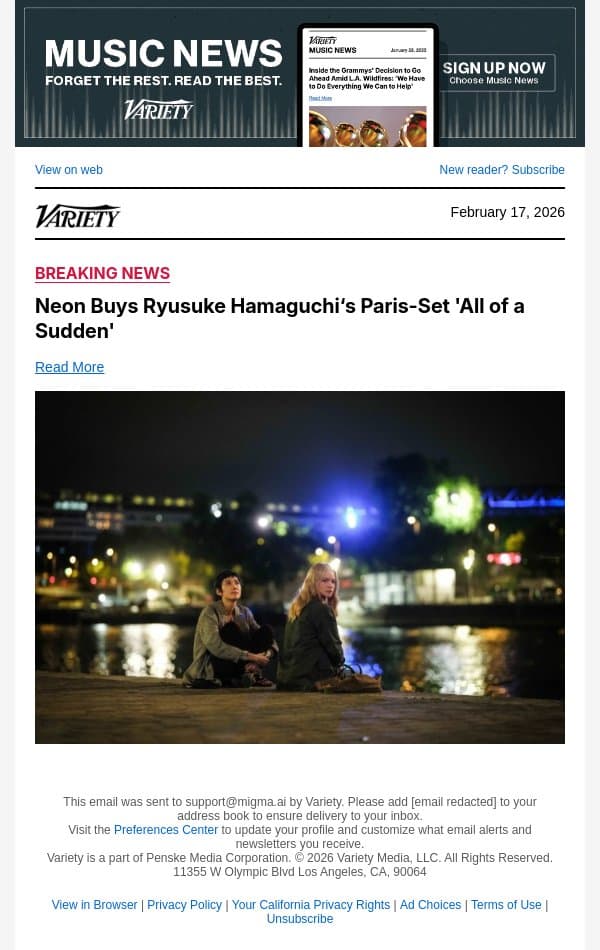Neon Buys Ryusuke Hamaguchi‘s Paris-Set 'All of a Sudden' email from Variety screenshot
