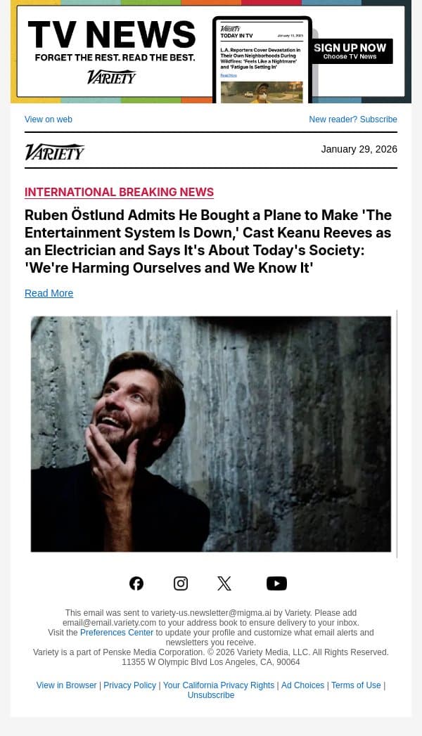 Ruben Östlund Admits He Bought a Plane to Make 'The Entertainment System Is Down,' Cast Keanu Reeves as an Electrician and Says It's About Today's Society: 'We're Harming Ourselves and We Know It' email from Variety screenshot