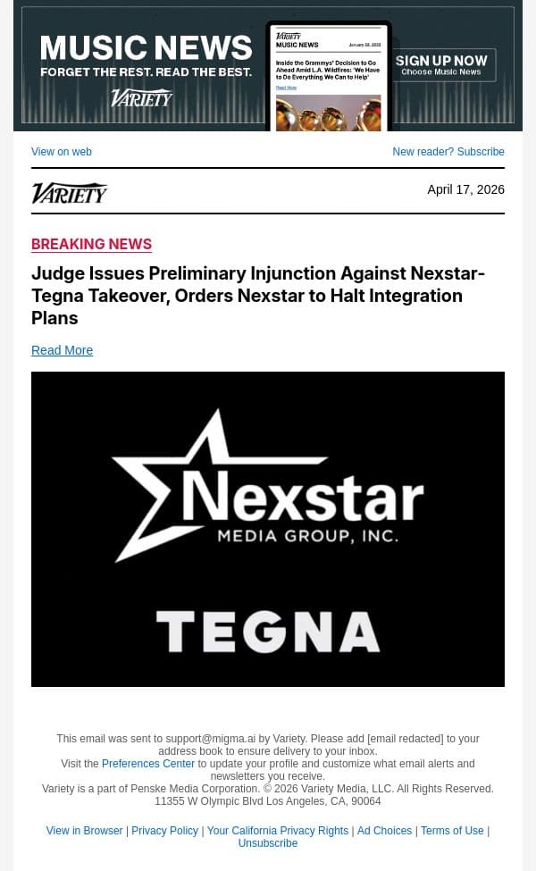 Judge Issues Preliminary Injunction Against Nexstar-Tegna Takeover, Orders Nexstar to Halt Integration Plans email from Variety screenshot