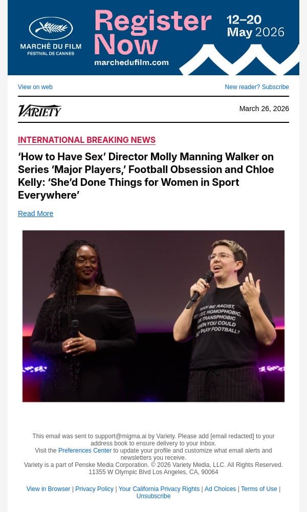 ‘How to Have Sex’ Director Molly Manning Walker on Series ‘Major Players,’ Football Obsession and Chloe Kelly: ‘She’d Done Things for Women in Sport Everywhere’ email from Variety screenshot