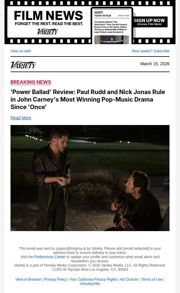 'Power Ballad' Review: Paul Rudd and Nick Jonas Rule in John Carney's Most Winning Pop-Music Drama Since 'Once' email from Variety screenshot