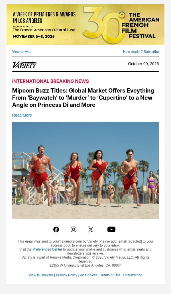 Mipcom Buzz Titles: Global Market Offers Eveything From ‘Baywatch’ to ‘Murder’ to ‘Cupertino’ to a New Angle on Princess Di and More email from Variety screenshot