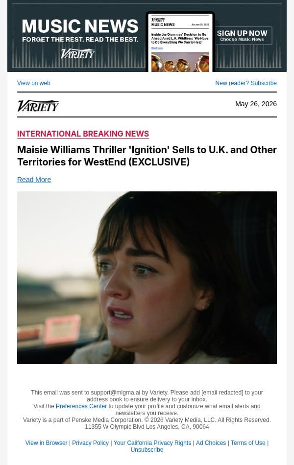 Maisie Williams Thriller 'Ignition' Sells to U.K. and Other Territories for WestEnd (EXCLUSIVE) email from Variety screenshot