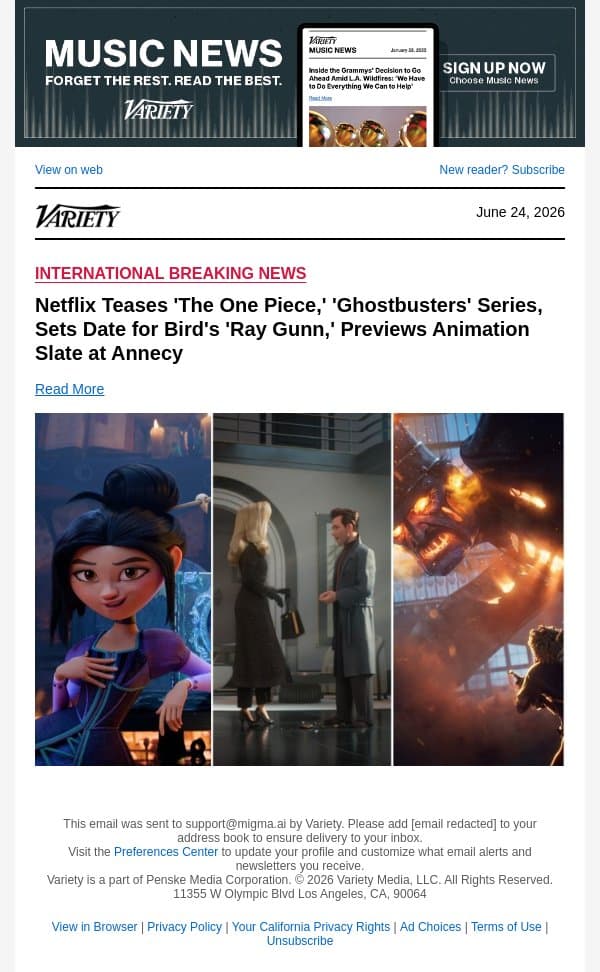Netflix Teases 'The One Piece,' 'Ghostbusters' Series, Sets Date for Bird's 'Ray Gunn,' Previews Animation Slate at Annecy email from Variety screenshot