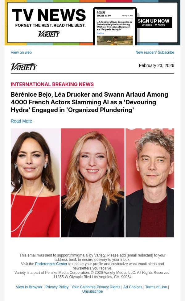 Bérénice Bejo, Léa Drucker and Swann Arlaud Among 4000 French Actors Slamming AI as a 'Devouring Hydra' Engaged in 'Organized Plundering' email from Variety screenshot