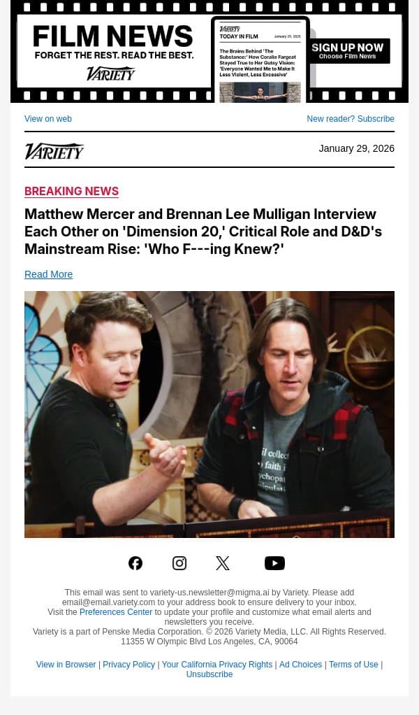 Matthew Mercer and Brennan Lee Mulligan Interview Each Other on 'Dimension 20,' Critical Role and D&D's Mainstream Rise: 'Who F---ing Knew?' email from Variety screenshot