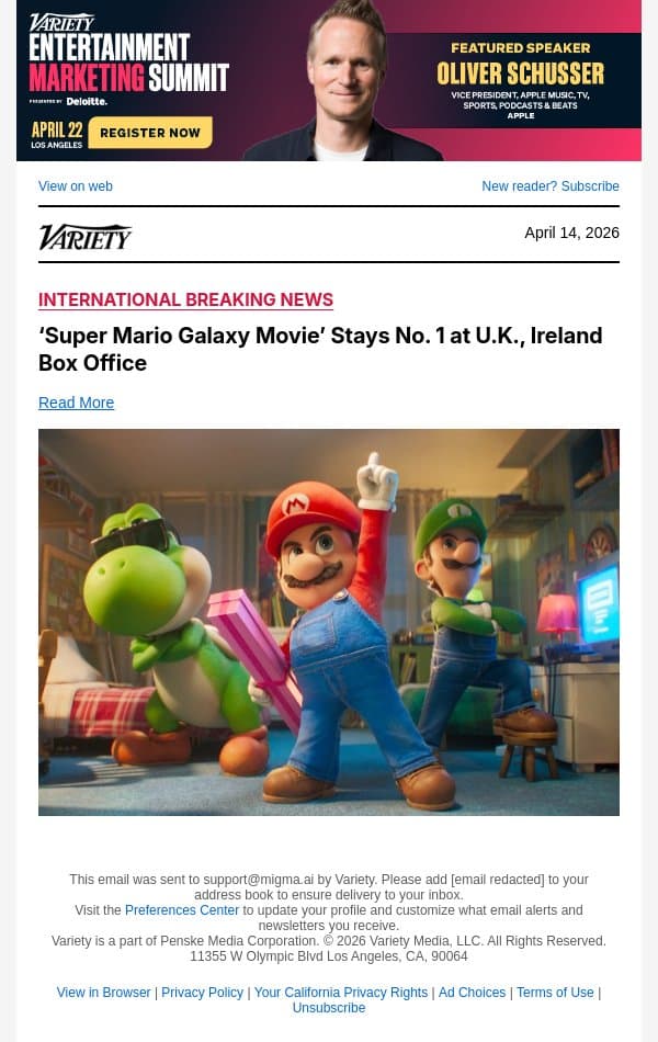 ‘Super Mario Galaxy Movie’ Stays No. 1 at U.K., Ireland Box Office email from Variety screenshot