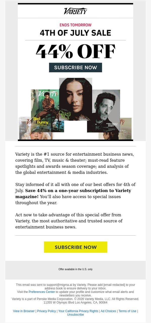 Offer ends tomorrow! Over 44% off Variety. email from Variety screenshot
