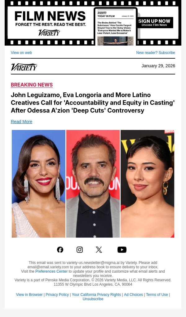 John Leguizamo, Eva Longoria and More Latino Creatives Call for 'Accountability and Equity in Casting' After Odessa A'zion 'Deep Cuts' Controversy email from Variety screenshot