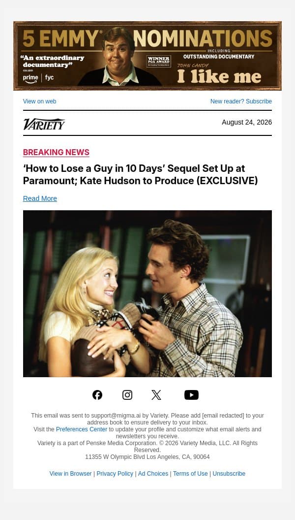 ‘How to Lose a Guy in 10 Days’ Sequel Set Up at Paramount; Kate Hudson to Produce (EXCLUSIVE) email from Variety screenshot