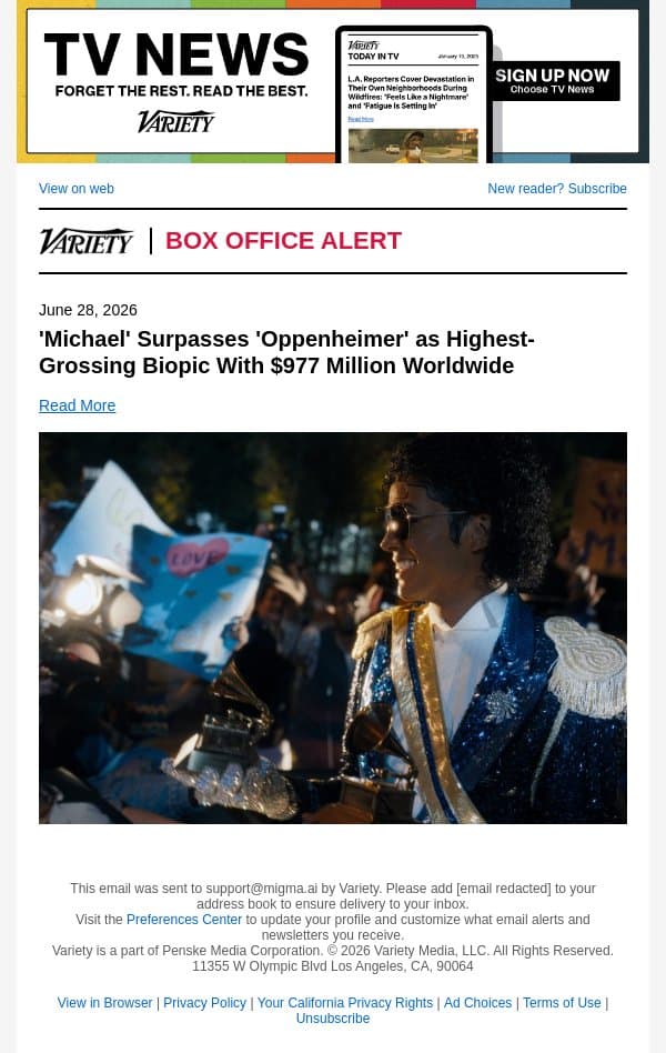 'Michael' Surpasses 'Oppenheimer' as Highest-Grossing Biopic With $977 Million Worldwide email from Variety screenshot