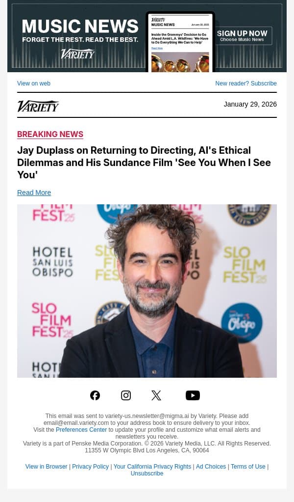Jay Duplass on Returning to Directing, AI's Ethical Dilemmas and His Sundance Film 'See You When I See You' email from Variety screenshot