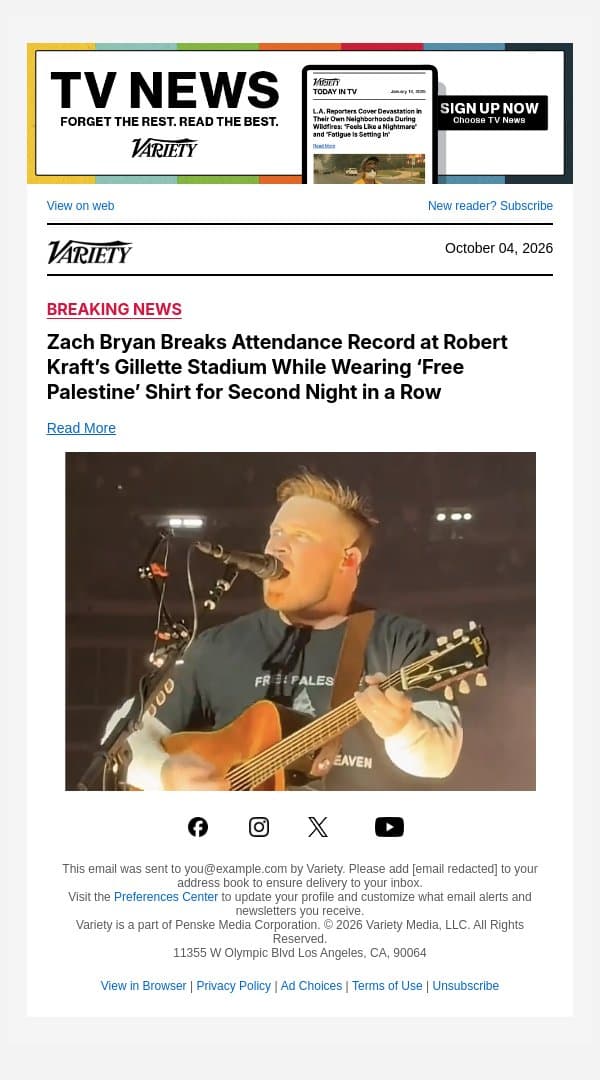 Zach Bryan Breaks Attendance Record at Robert Kraft’s Gillette Stadium While Wearing ‘Free Palestine’ Shirt for Second Night in a Row email from Variety screenshot