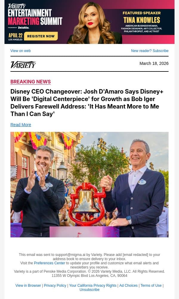 Disney CEO Changeover: Josh D'Amaro Says Disney+ Will Be 'Digital Centerpiece' for Growth as Bob Iger Delivers Farewell Address: 'It Has Meant More to Me Than I Can Say' email from Variety screenshot