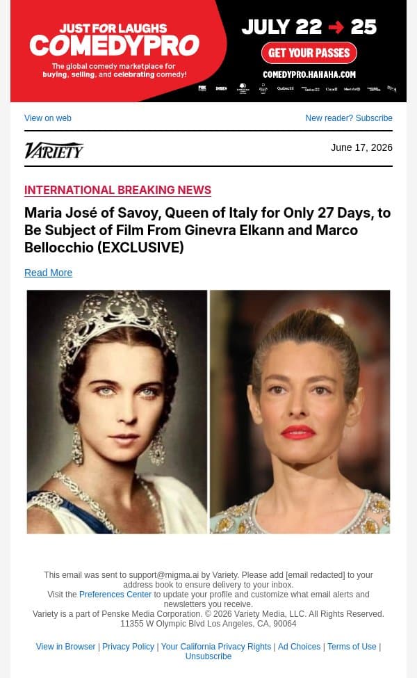 Maria José of Savoy, Queen of Italy for Only 27 Days, to Be Subject of Film From Ginevra Elkann and Marco Bellocchio (EXCLUSIVE) email from Variety screenshot