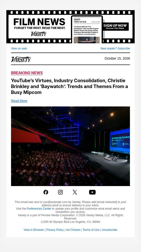 YouTube’s Virtues, Industry Consolidation, Christie Brinkley and ‘Baywatch’: Trends and Themes From a Busy Mipcom email from Variety screenshot