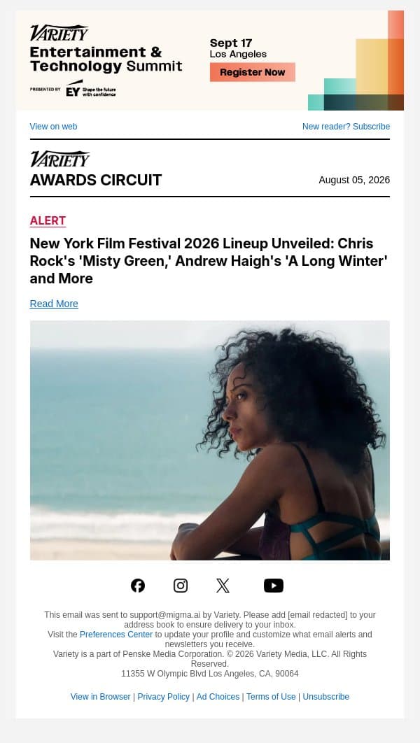 New York Film Festival 2026 Lineup Unveiled: Chris Rock's 'Misty Green,' Andrew Haigh's 'A Long Winter' and More email from Variety screenshot