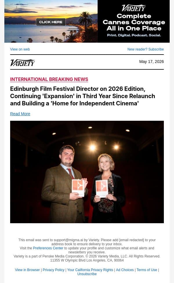 Edinburgh Film Festival Director on 2026 Edition, Continuing 'Expansion' in Third Year Since Relaunch and Building a 'Home for Independent Cinema' email from Variety screenshot