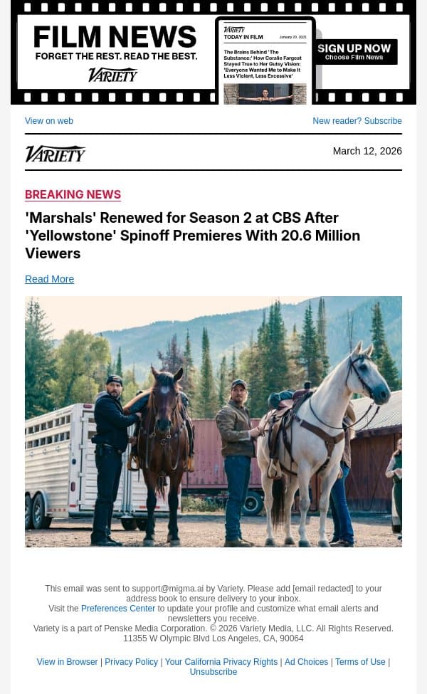 'Marshals' Renewed for Season 2 at CBS After 'Yellowstone' Spinoff Premieres With 20.6 Million Viewers email from Variety screenshot