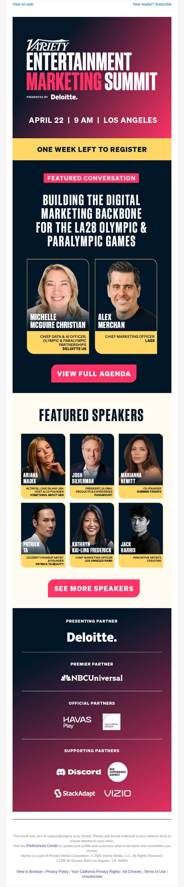 Don't Miss Ariana Madix, Patrick Ta & More at Variety’s Entertainment Marketing Summit - April 22 email from Variety screenshot