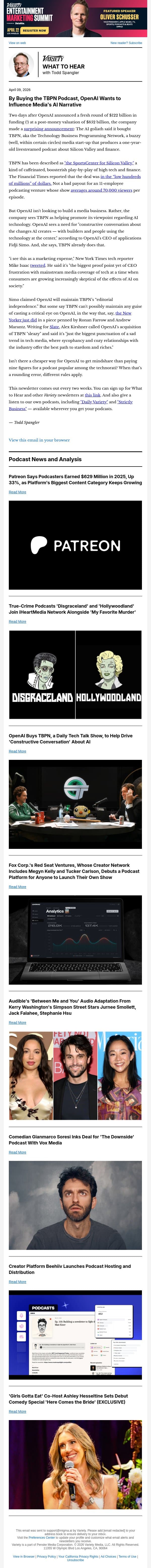 What to Hear Podcast Newsletter: Why Did OpenAI Buy a Podcast for Tech Bros?; Patreon's Booming Podcast Biz; Fox Corp.'s Red Seat Makes Podcast Hosting Play; and More email from Variety screenshot