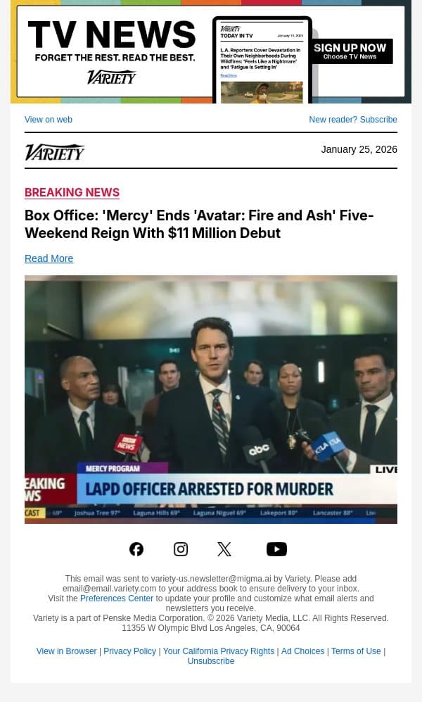 Box Office: 'Mercy' Ends 'Avatar: Fire and Ash' Five-Weekend Reign With $11 Million Debut email from Variety screenshot