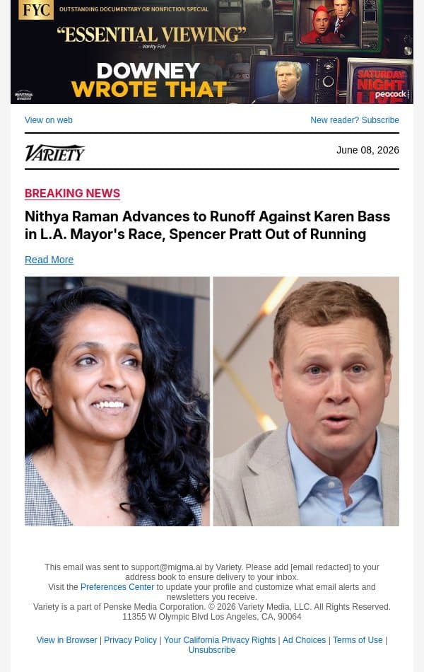 Nithya Raman Advances to Runoff Against Karen Bass in L.A. Mayor's Race, Spencer Pratt Out of Running email from Variety screenshot