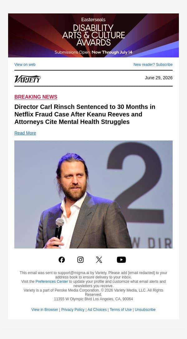 Director Carl Rinsch Sentenced to 30 Months in Netflix Fraud Case After Keanu Reeves and Attorneys Cite Mental Health Struggles email from Variety screenshot