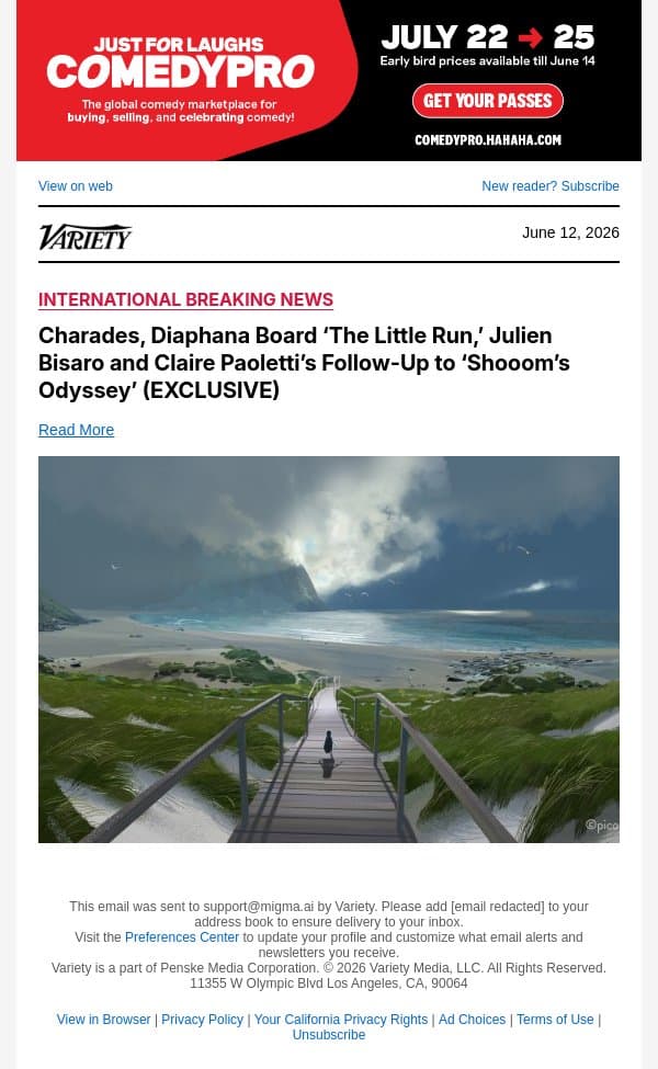 Charades, Diaphana Board ‘The Little Run,’ Julien Bisaro and Claire Paoletti’s Follow-Up to ‘Shooom’s Odyssey’ (EXCLUSIVE) email from Variety screenshot