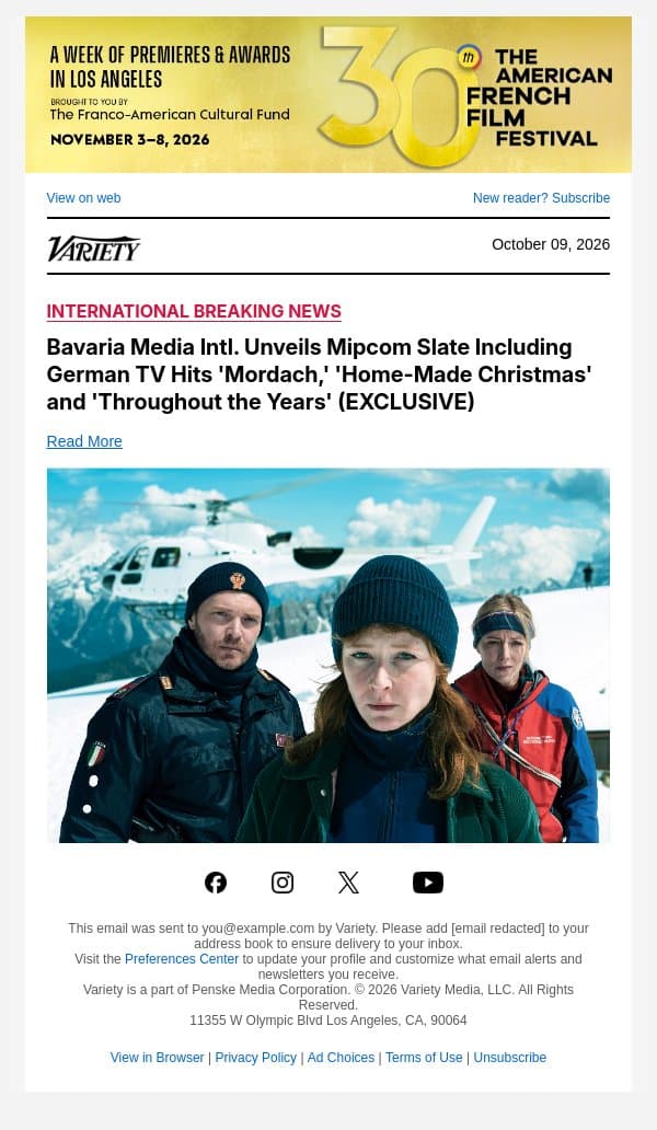 Bavaria Media Intl. Unveils Mipcom Slate Including German TV Hits 'Mordach,' 'Home-Made Christmas' and 'Throughout the Years' (EXCLUSIVE) email from Variety screenshot