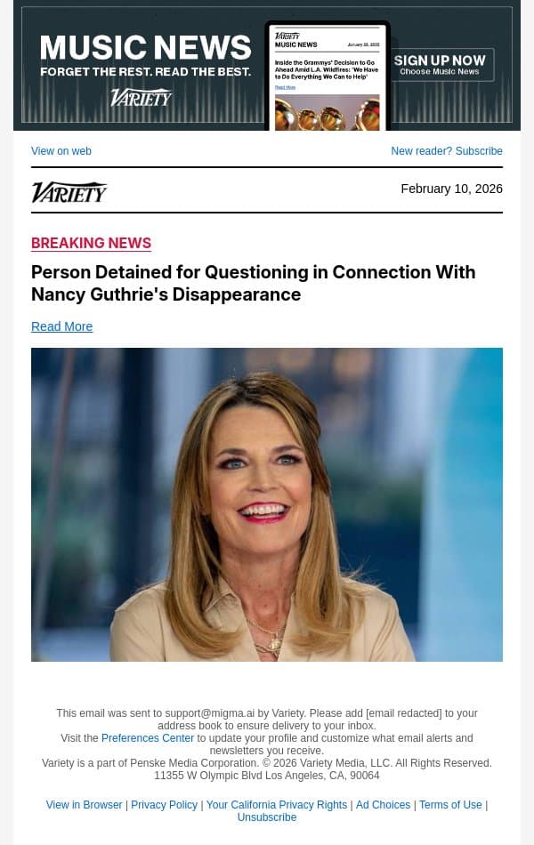 Person Detained for Questioning in Connection With Nancy Guthrie's Disappearance email from Variety screenshot