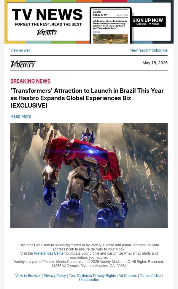 'Transformers' Attraction to Launch in Brazil This Year as Hasbro Expands Global Experiences Biz (EXCLUSIVE) email from Variety screenshot