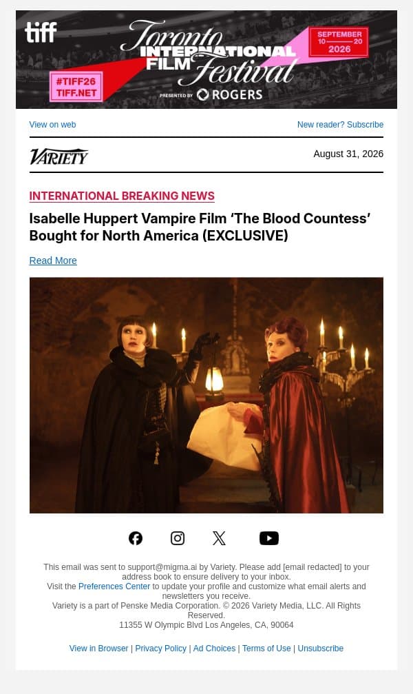 Isabelle Huppert Vampire Film ‘The Blood Countess’ Bought for North America (EXCLUSIVE) email from Variety screenshot