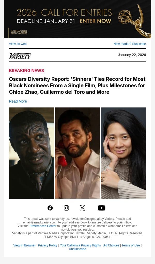 Oscars Diversity Report: 'Sinners' Ties Record for Most Black Nominees From a Single Film, Plus Milestones for Chloe Zhao, Guillermo del Toro and More email from Variety screenshot