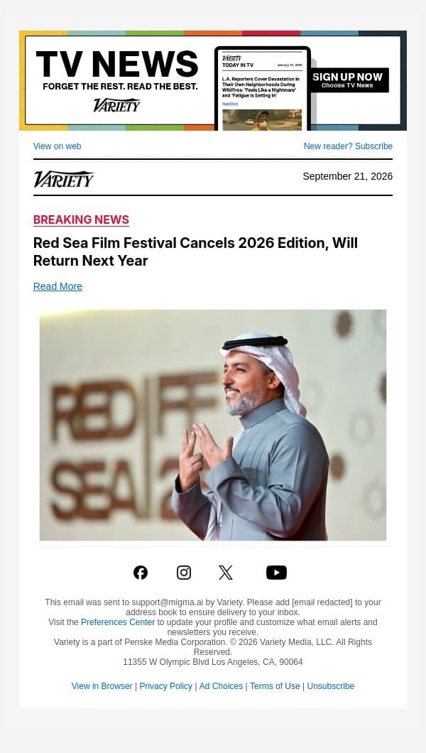 Red Sea Film Festival Cancels 2026 Edition, Will Return Next Year email from Variety screenshot