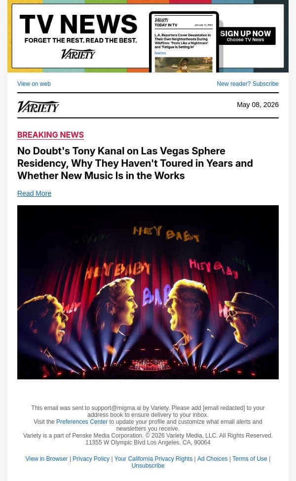No Doubt's Tony Kanal on Las Vegas Sphere Residency, Why They Haven't Toured in Years and Whether New Music Is in the Works email from Variety screenshot