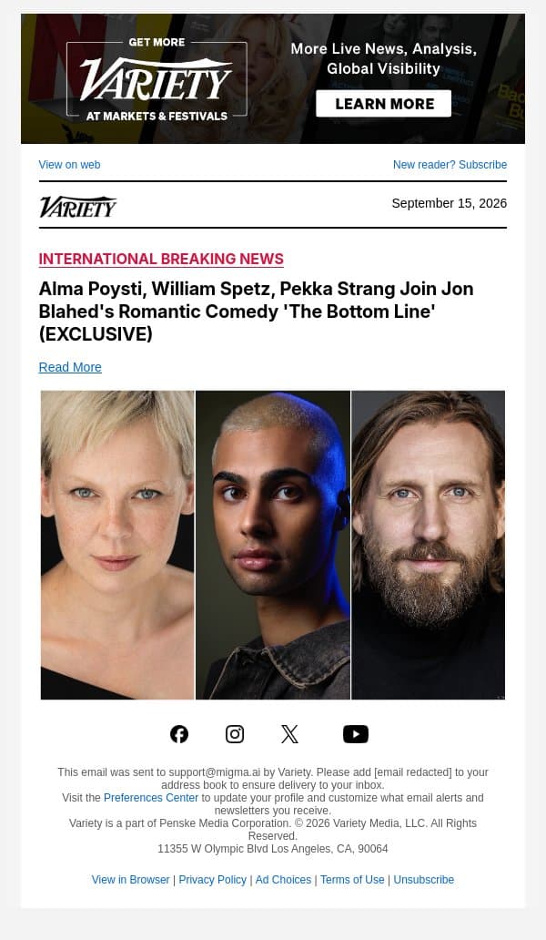 Alma Poysti, William Spetz, Pekka Strang Join Jon Blahed's Romantic Comedy 'The Bottom Line' (EXCLUSIVE) email from Variety screenshot