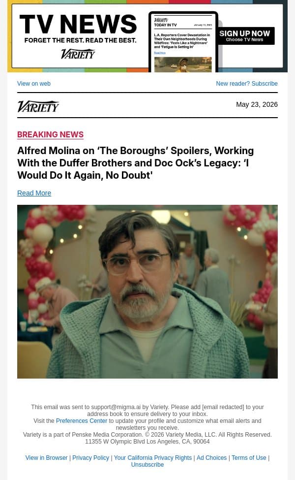 Alfred Molina on ‘The Boroughs’ Spoilers, Working With the Duffer Brothers and Doc Ock’s Legacy: ‘I Would Do It Again, No Doubt' email from Variety screenshot