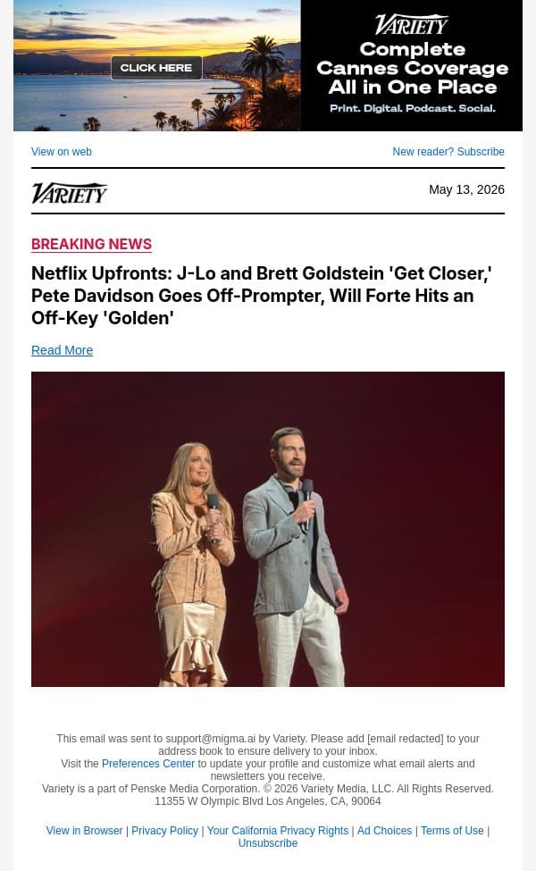 Netflix Upfronts: J-Lo and Brett Goldstein 'Get Closer,' Pete Davidson Goes Off-Prompter, Will Forte Hits an Off-Key 'Golden' email from Variety screenshot