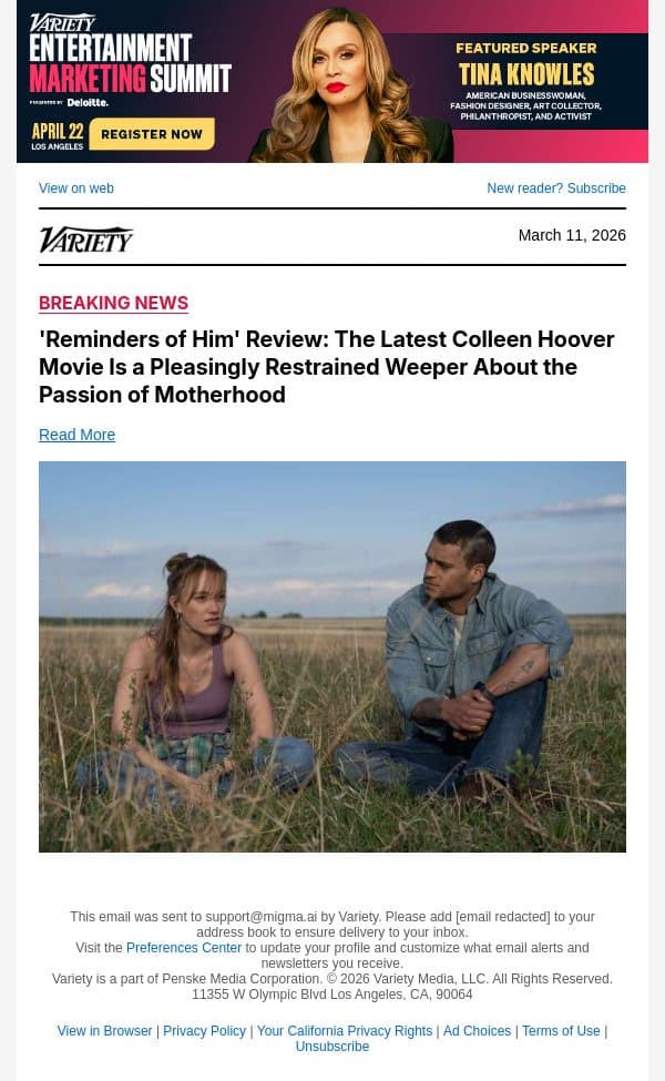 'Reminders of Him' Review: The Latest Colleen Hoover Movie Is a Pleasingly Restrained Weeper About the Passion of Motherhood email from Variety screenshot