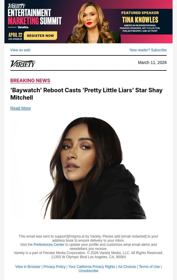 'Baywatch' Reboot Casts 'Pretty Little Liars' Star Shay Mitchell email from Variety screenshot