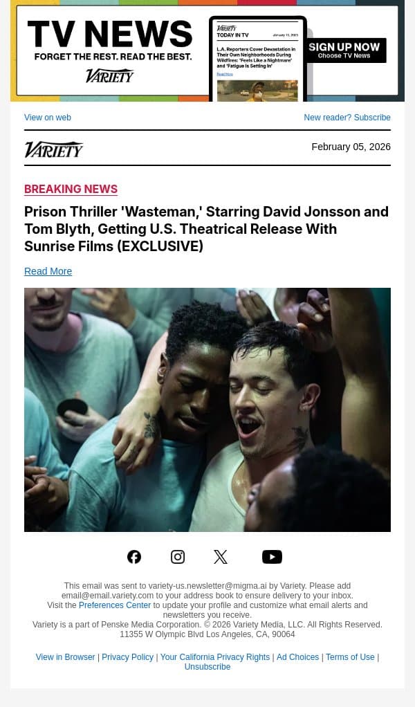 Prison Thriller 'Wasteman,' Starring David Jonsson and Tom Blyth, Getting U.S. Theatrical Release With Sunrise Films (EXCLUSIVE) email from Variety screenshot