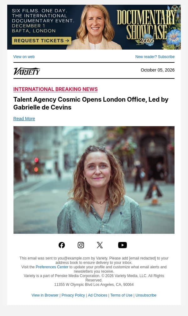 Talent Agency Cosmic Opens London Office, Led by Gabrielle de Cevins email from Variety screenshot