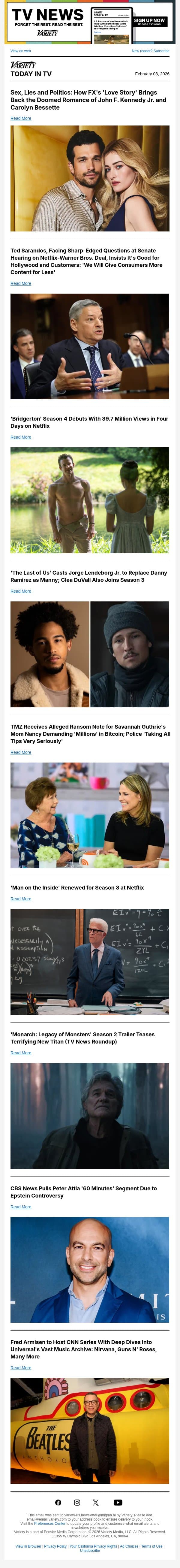 'Love Story' Cover; Netflix Senate Hearing; 'Bridgerton' S4 Ratings email from Variety screenshot