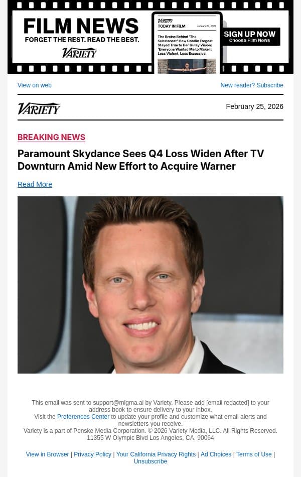 Paramount Skydance Sees Q4 Loss Widen After TV Downturn Amid New Effort to Acquire Warner email from Variety screenshot