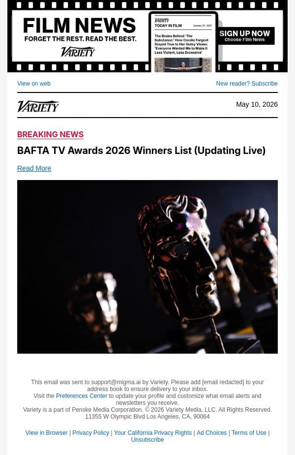 'The Studio' Wins BAFTA TV Award for International email from Variety screenshot