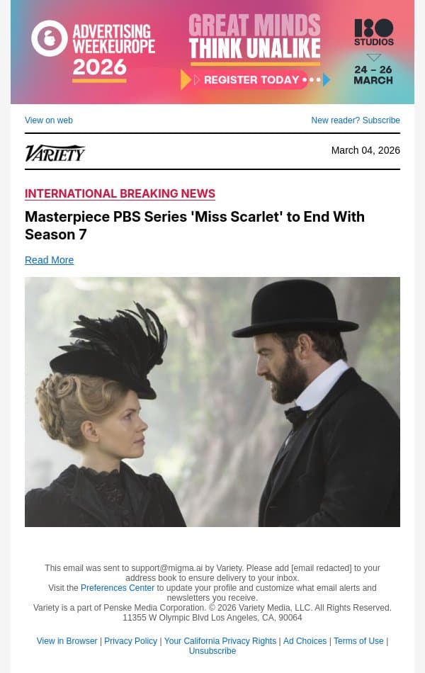 Masterpiece PBS Series 'Miss Scarlet' to End With Season 7 email from Variety screenshot
