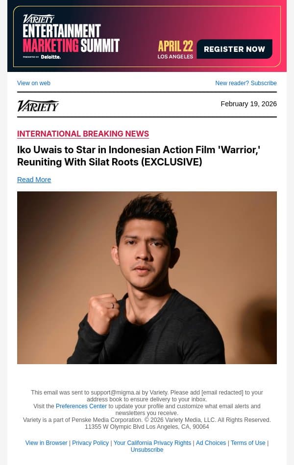 Iko Uwais to Star in Indonesian Action Film 'Warrior,' Reuniting With Silat Roots (EXCLUSIVE) email from Variety screenshot