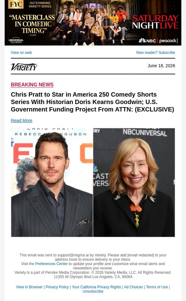 Chris Pratt to Star in America 250 Comedy Shorts Series With Historian Doris Kearns Goodwin; U.S. Government Funding Project From ATTN: (EXCLUSIVE) email from Variety screenshot